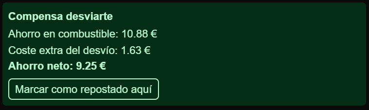 El veredicto de Dribity: compensa desviarte, con el ahorro en combustible, el coste extra del desvío y el ahorro neto