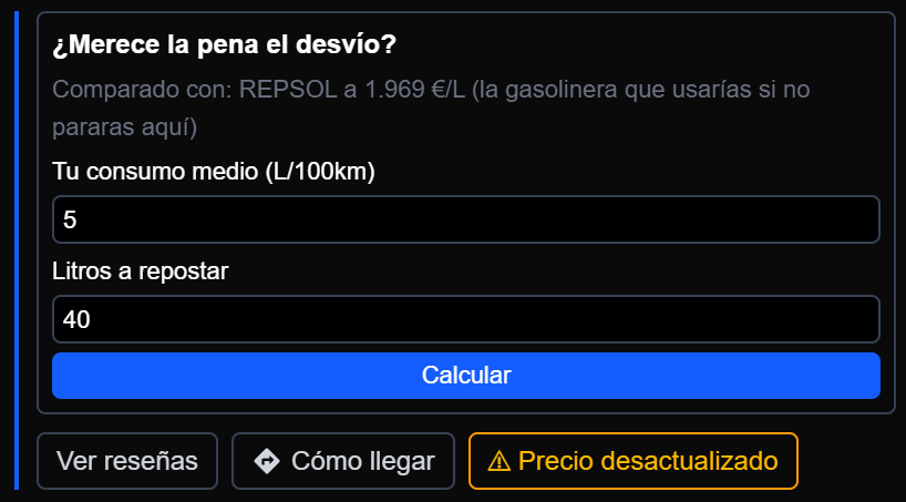 La calculadora de desvío de Dribity, con el precio de la estación que usarías si no pararas y los campos de consumo medio y litros a repostar