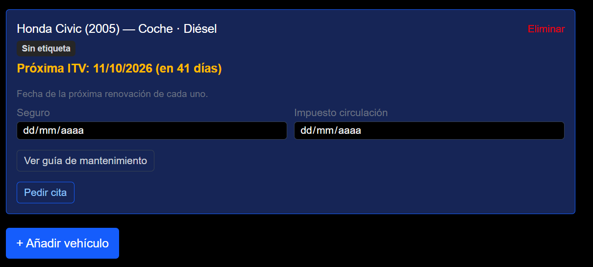 Ficha de un vehículo en Dribity con su distintivo ambiental y la fecha de la próxima ITV, con los días que faltan