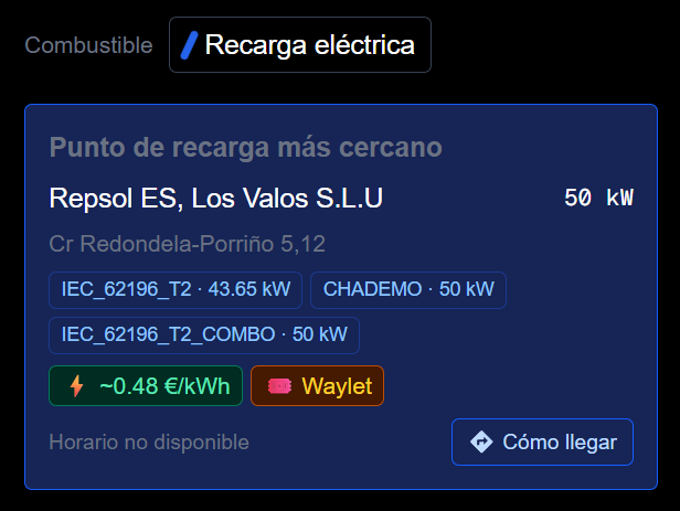 Ficha de un punto de recarga en Dribity con sus tres conectores, la potencia de cada uno y la tarifa por kilovatio hora