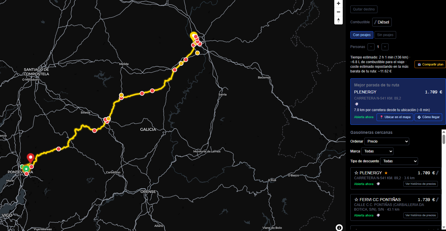 El modo viaje de Dribity: la ruta pintada en el mapa con todas las gasolineras del camino y, al lado, el coste del viaje y la mejor parada para repostar