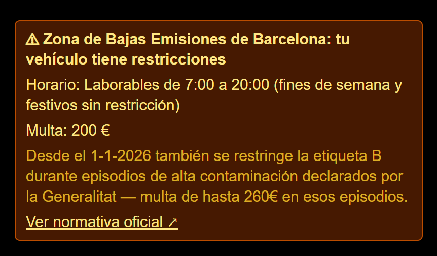 Aviso de Dribity de la Zona de Bajas Emisiones de Barcelona, con el horario, la multa de 200 euros y el enlace a la normativa oficial